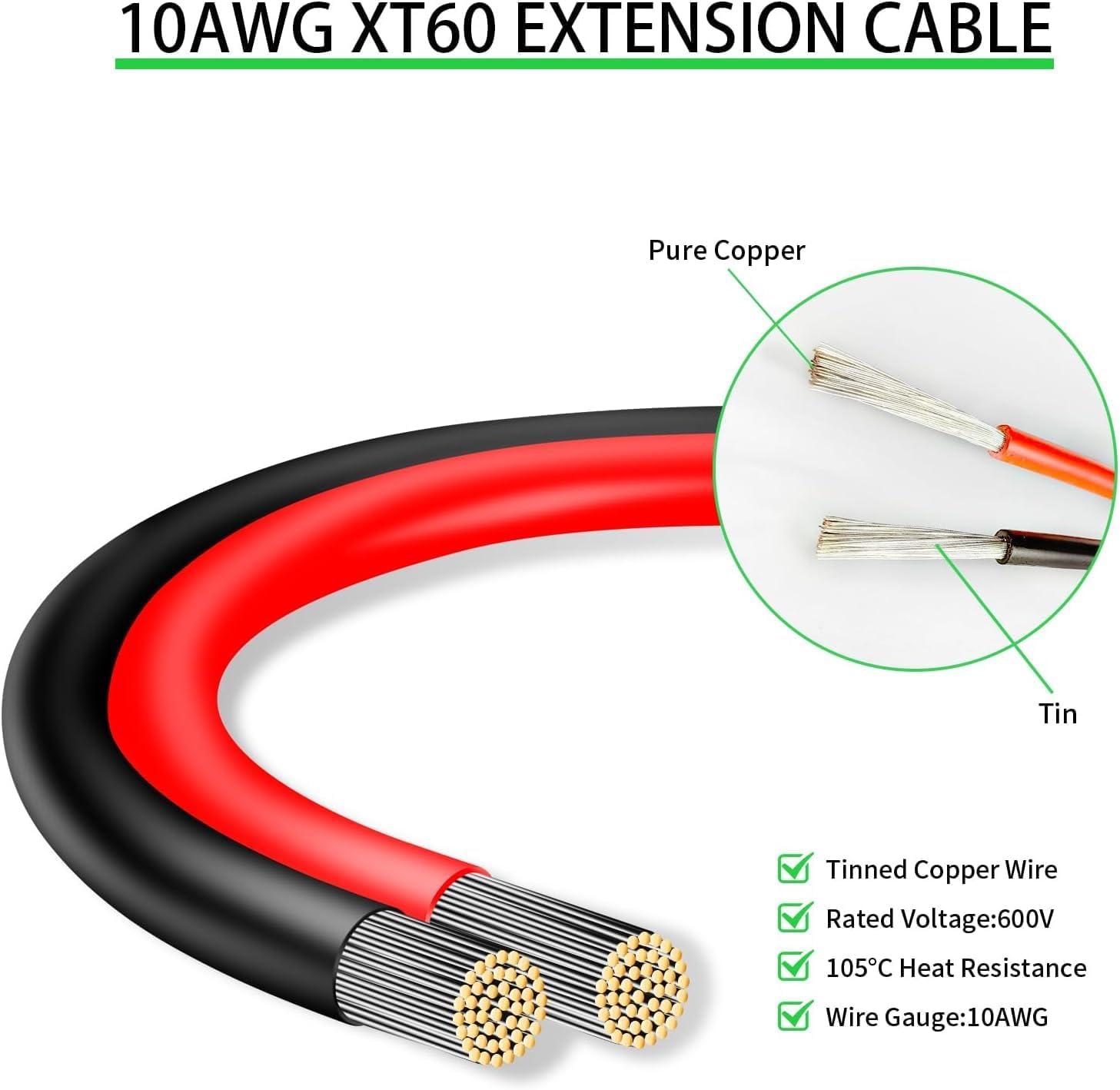 Ansoufien 10AWG XT60 Extension Cable 50FT, XT60 Cable with Male to Female Connector for Portable Power Station Solar Panel RC Battery