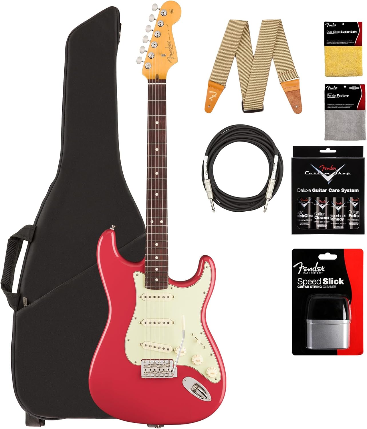 Fender American Professional Classic Stratocaster - Faded Dakota Red Bundle with Gig Bag, Strap, Cable, and Guitar Cleaning Kit