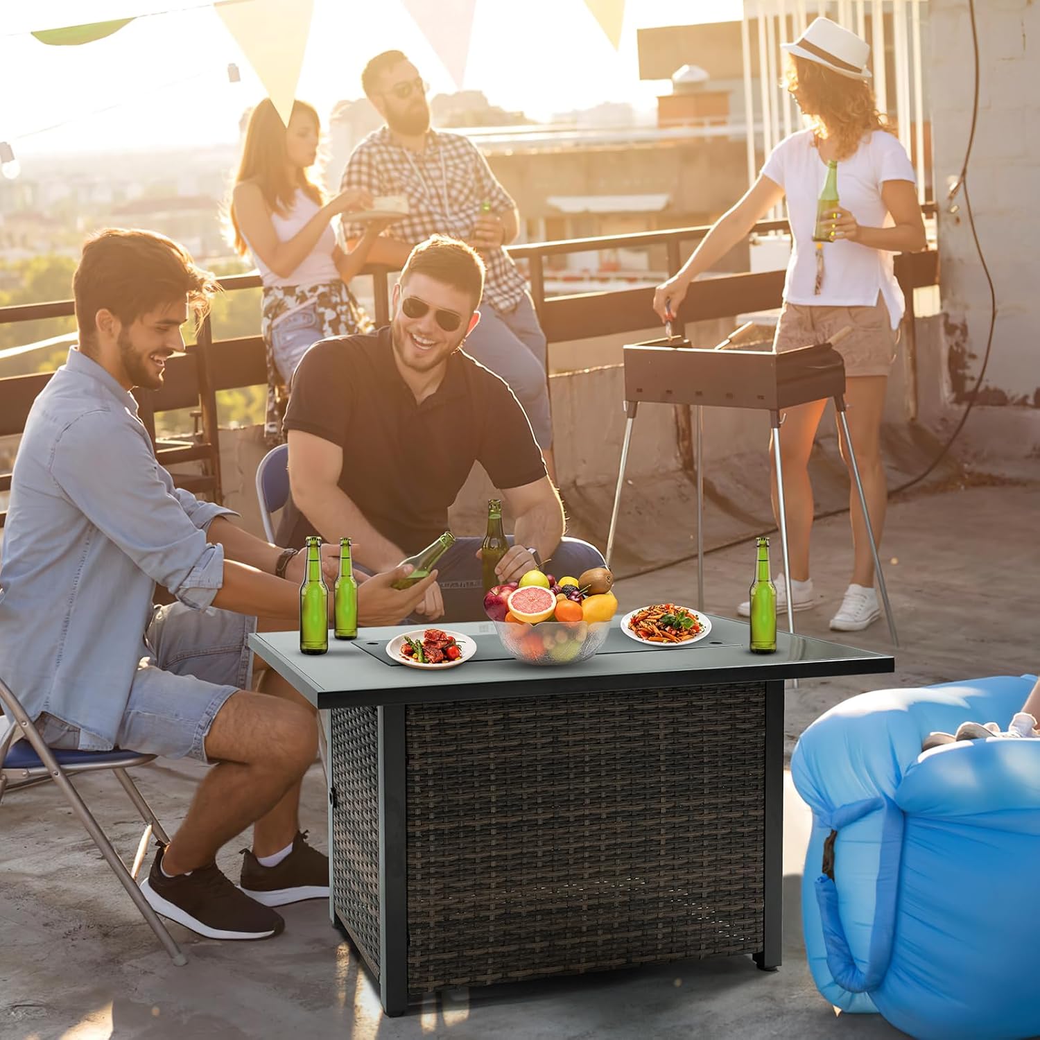 50,000 BTU Outdoor Propane Gas Fire Table - 44-Inch Square Fire Pit with Lid, Glass Wind Guard & Weather-Resistant Wicker Base for Patio, Backyard, Garden Heating