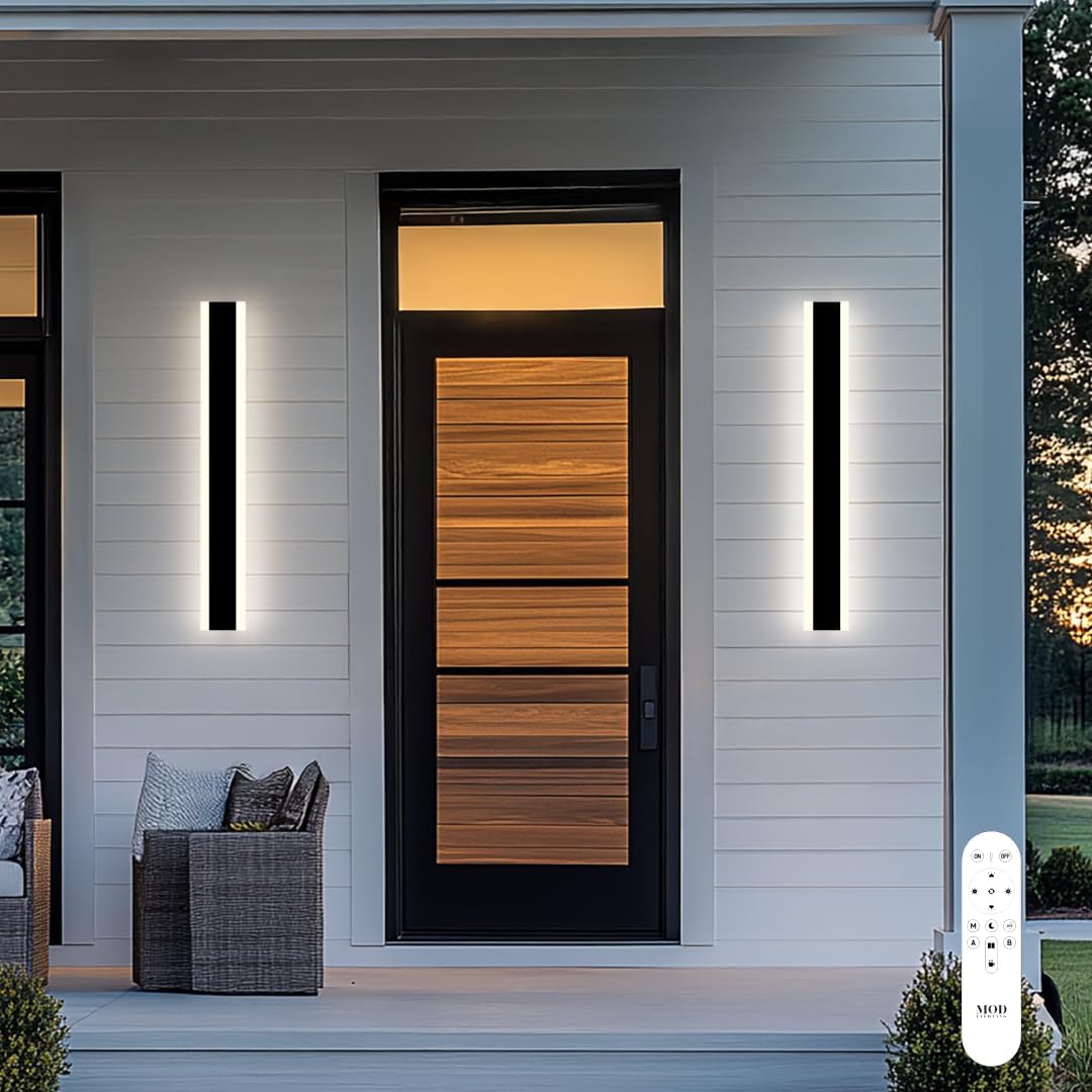 𝗠𝗢𝗗 𝗟𝗜𝗚𝗛𝗧𝗜𝗡𝗚 Haylen | Waterproof Outdoor Wall Light, LED Dimmable with Remote 3000K-6000K, Long Outdoor Porch Lights, Wired Lighting Fixture, Patio Exterior Wall Sconce, 1-Pack (Black, 24