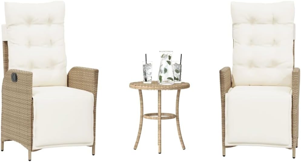 3 Piece Bistro Set with Cushions Beige Poly Rattan,Versatile Patio Bistro Set with Adjustable Reclining Chairs and Washable Cushions for Outdoor Comfort and Relaxation Patio Furniture Sets, Outdoor Fu