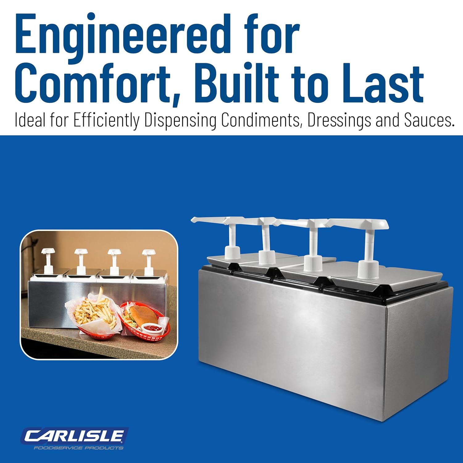 Carlisle FoodService Products Condiment Rail Condiment Center with 4 Standard Pumps for Gas Stations, Restaurants, and Fast Food Stainless Steel, 19.25 X 7.75 X 12.5 Inches, Silver