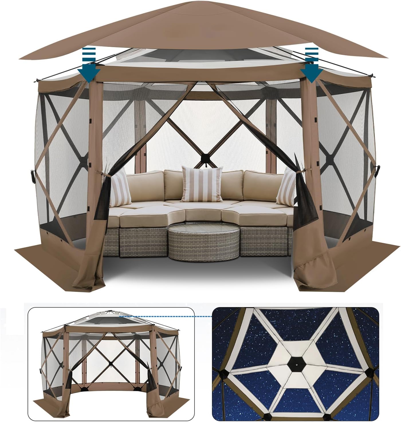 COBlZl Pop Up Gazebo 12x12 Screen House Tent for Camping, Outdoor Instant Stargazing Gazebo Canopy with Awning 2.0, Portable Hub Tent with Mosquito Netting, Pavilion for Backyard,Brown