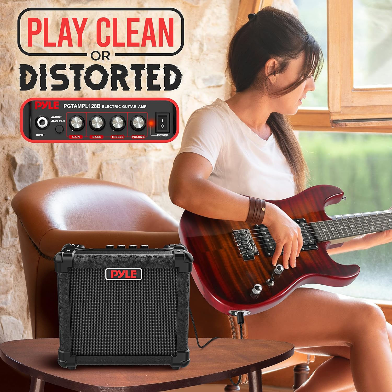 Pyle Portable Electric Guitar Amplifier - Battery or Wall Power 10 Watts Mini Instrument Amp with 5-Inch High Definition Speaker, Volume, Bass, Treble, Distortion, Gain Controls, AUX Input