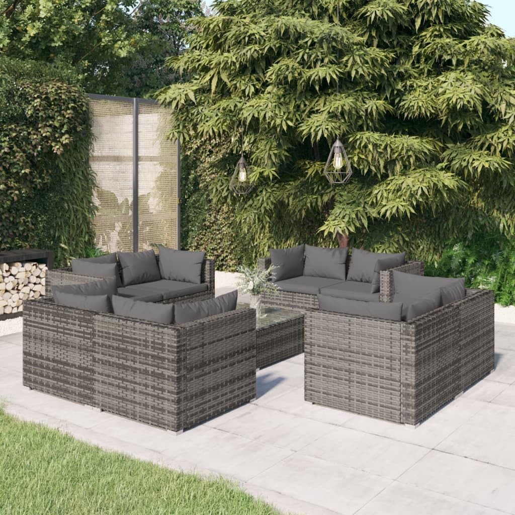 Patio Set 9 Piece Patio Lounge Set with Cushions Poly Rattan Gray