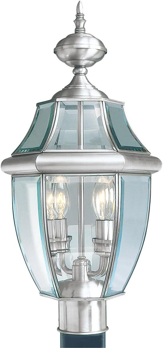 Livex Lighting 2254-91 Monterey 2 Light Outdoor Brushed Nickel Finish Solid Brass Post Head with Clear Beveled Glass