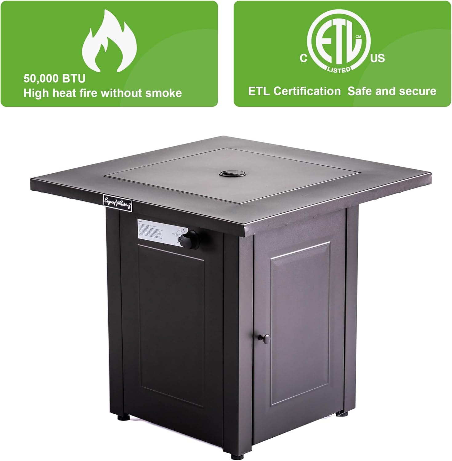 28 in Outdoor Propane Fire Pit Table 50000 BTU, Outdoor Square Gas Fire Pit with Easy Access Door, Rust-Resistant Steel, Brown Finish, for Patio and Backyard Heating with Lava Rocks and Lid