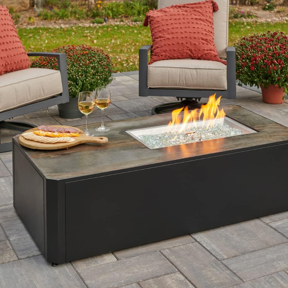 Outdoor GreatRoom Co Propane Fire Pit Table - Kinney Gas Fire Pits for Outside Patio - 55 Inch Rectangular Firepit Fire Table with Matching Tabletop Cover, Metal Base, 80,000 BTU