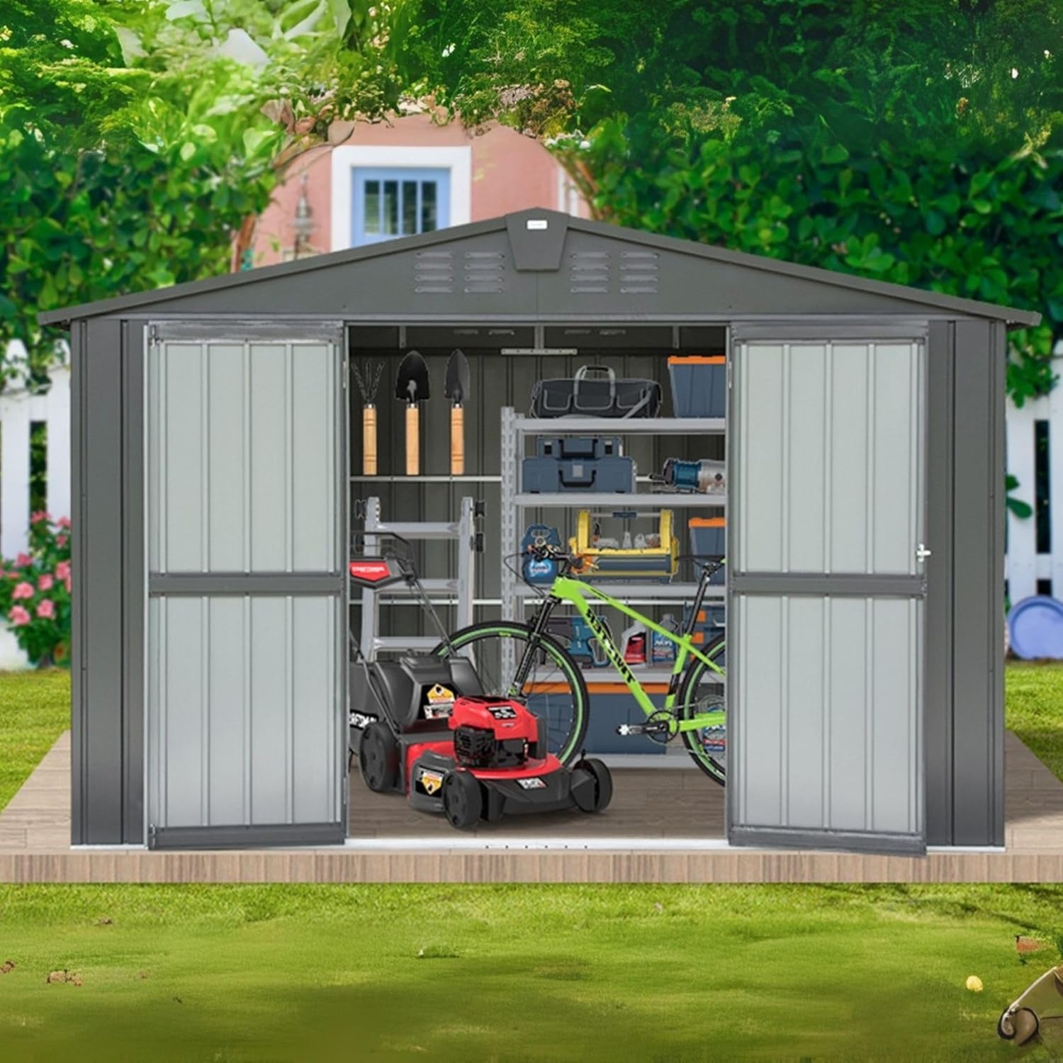 10x8ft Outdoor Storage Shed, Galvanized Steel Garden Shed with Sloping Roof, Lockable Double Doors and 32 Vents, Large Capacity Utility Tool Storage for Backyard Patio