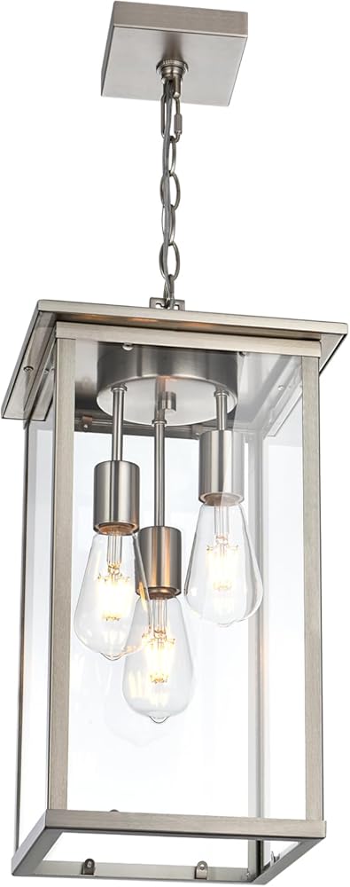 TODOLUZ 3-Lights Outdoor Pendant Light, Modern Brushed Nickel Outdoor Chandelier with Clear Glass, Adjustable Ceiling Mount Porch Light for Entryway Patio