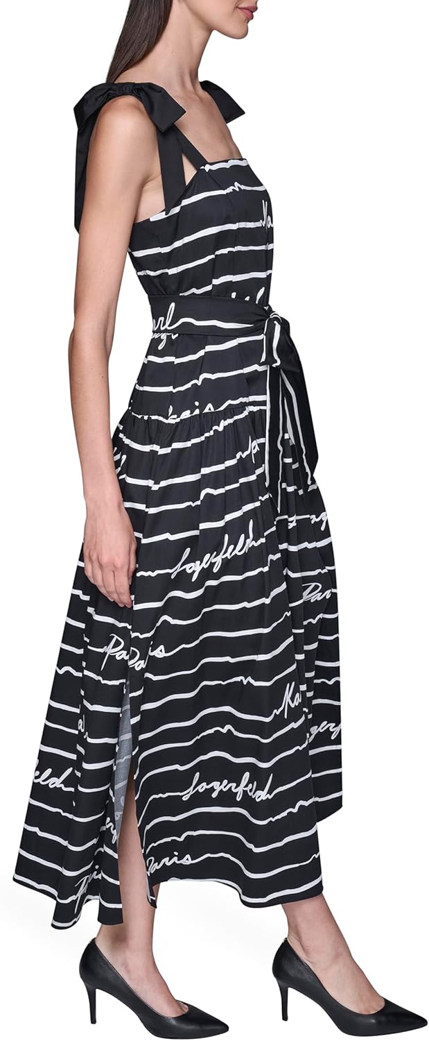 Karl Lagerfeld Women's Cotton Sateen Printed Belted Midi Dress with Bow Tie Straps