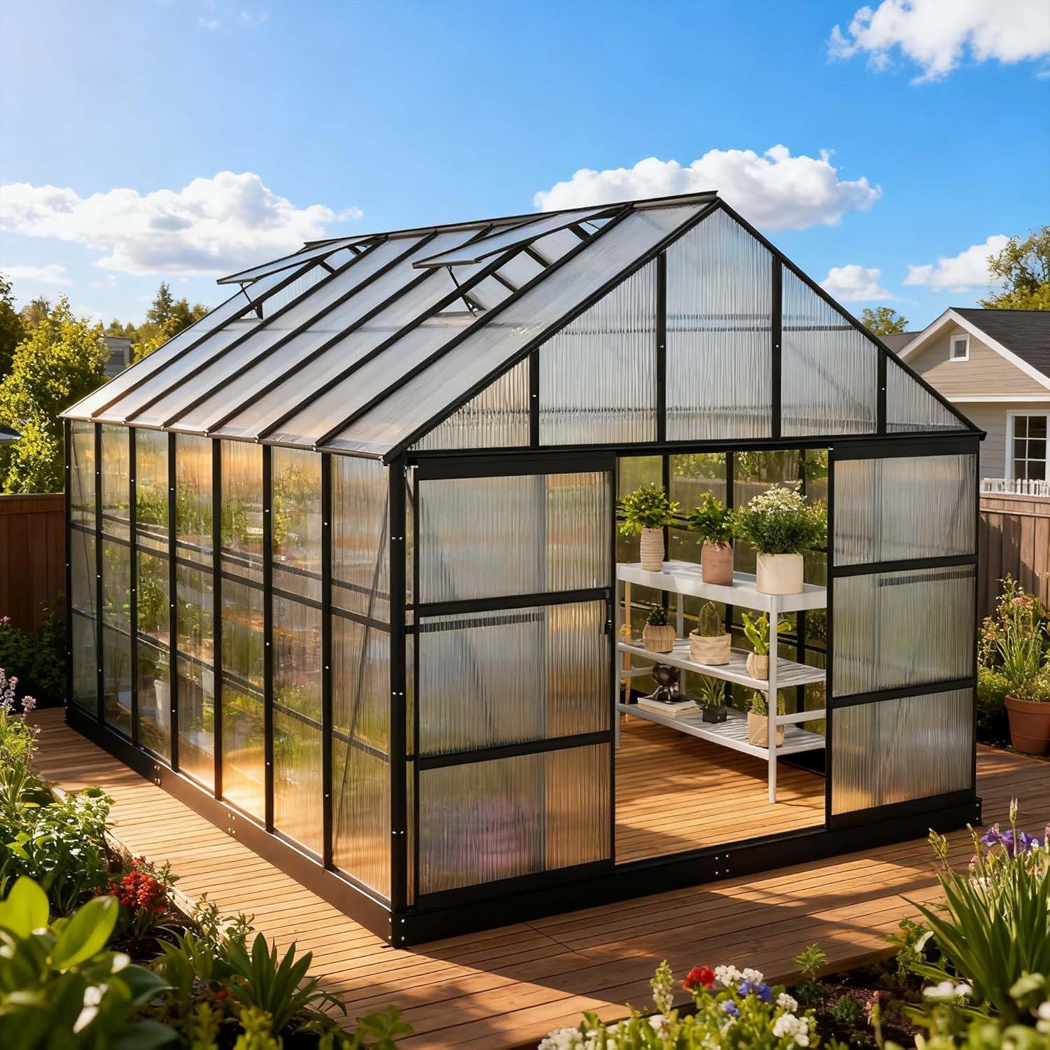 14’ x 10’ x 10’ Greenhouse, Walk-in Greenhouse for Outdoor, Aluminum Heavy Duty Greenhouses with 4 Roof Vent Windows for Garden, Patio and Backyard (White, 16x10x10)