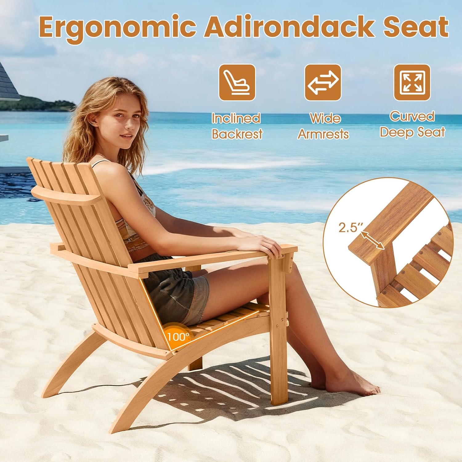 Giantex Adirondack Chairs Set of 4, Acacia Wood Fire Pit Chairs w/Inclined Seat, High Backrest, Ergonomic Outdoor Slatted Patio Chairs for Backyard, Poolside, Lawn, Porch