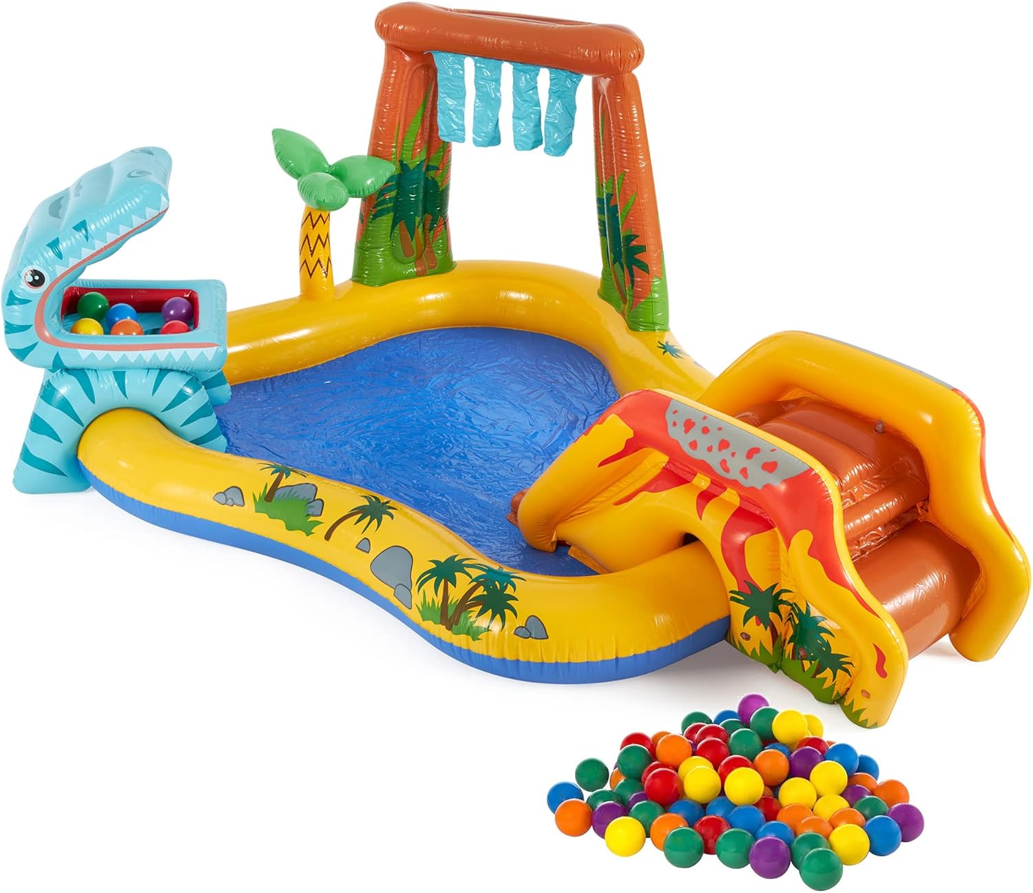 Intex 8 x 6.25 x 4 Ft Dinosaur Water Splash Play Center Inflatable Kiddie Pool & Small Plastic Multi-Colored Fun Ballz for Ball Pit, 100 Pack