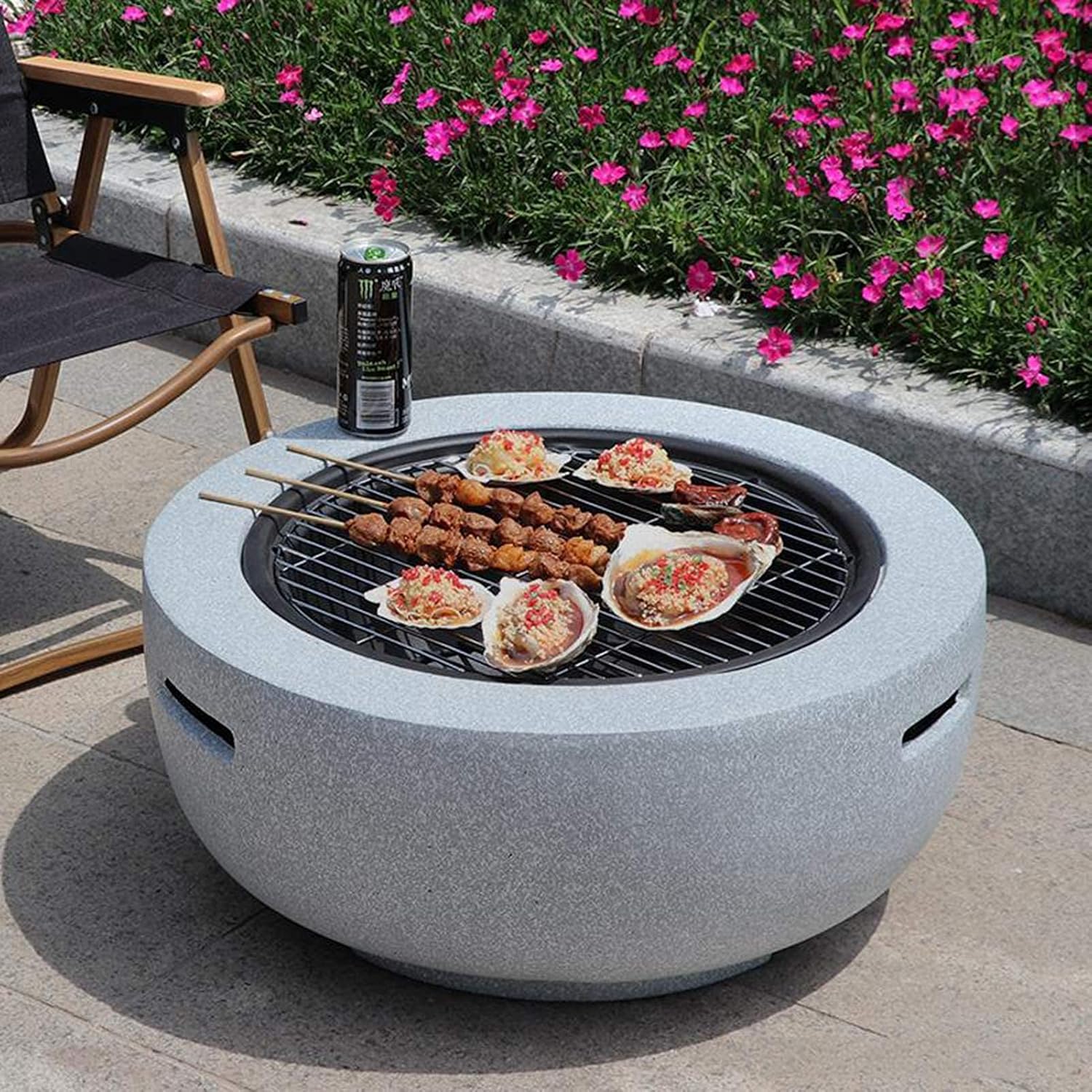 Fire Pit for Garden and Patio, Outdoor garden Fire Bowls with Grill Shelf and Mesh Cover Round Tabletop for Placing Drinks and Roasting Supplies, Garden or Patio