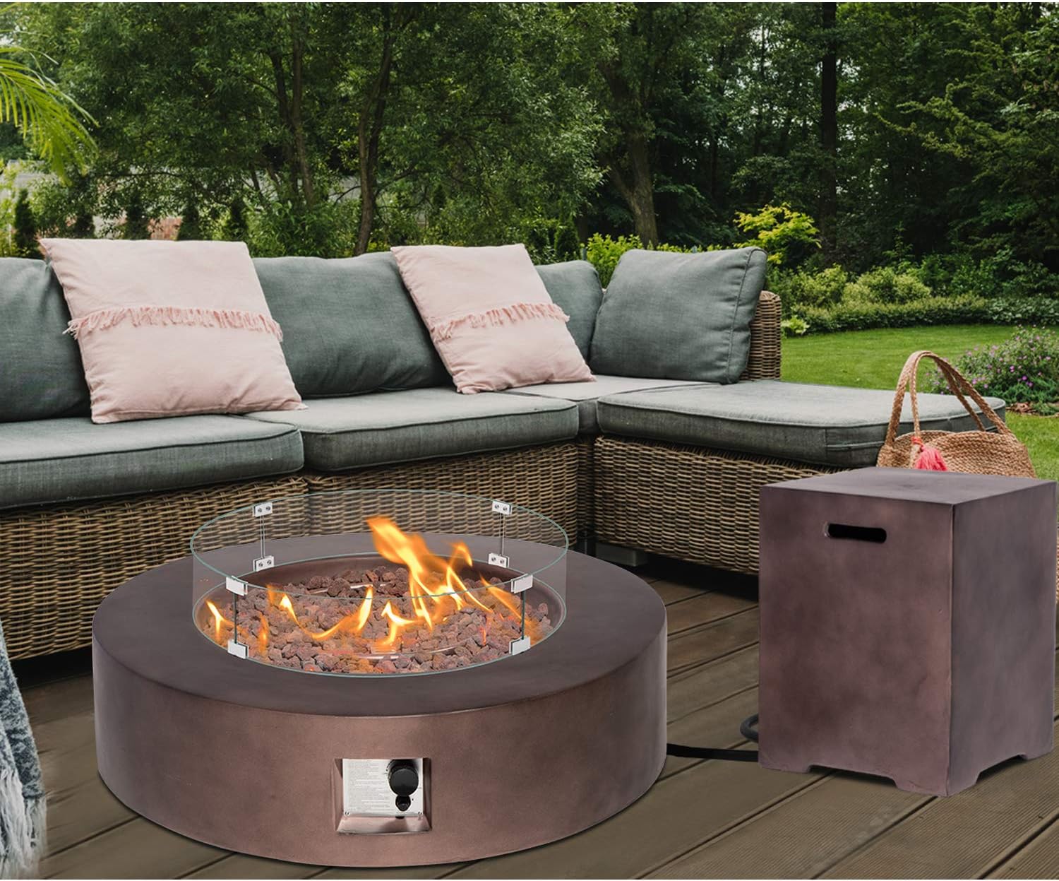 HOMPUS Outdoor Propane Fire Pit Table 42-inch 50,000 BTU Round Bronze Concrete Gas Fire Table w Tank Cover,Wind Guard,Lava Rocks,Rain Cover Smokeless FirePit for Outside Patio,Garden,Deck,Backyard