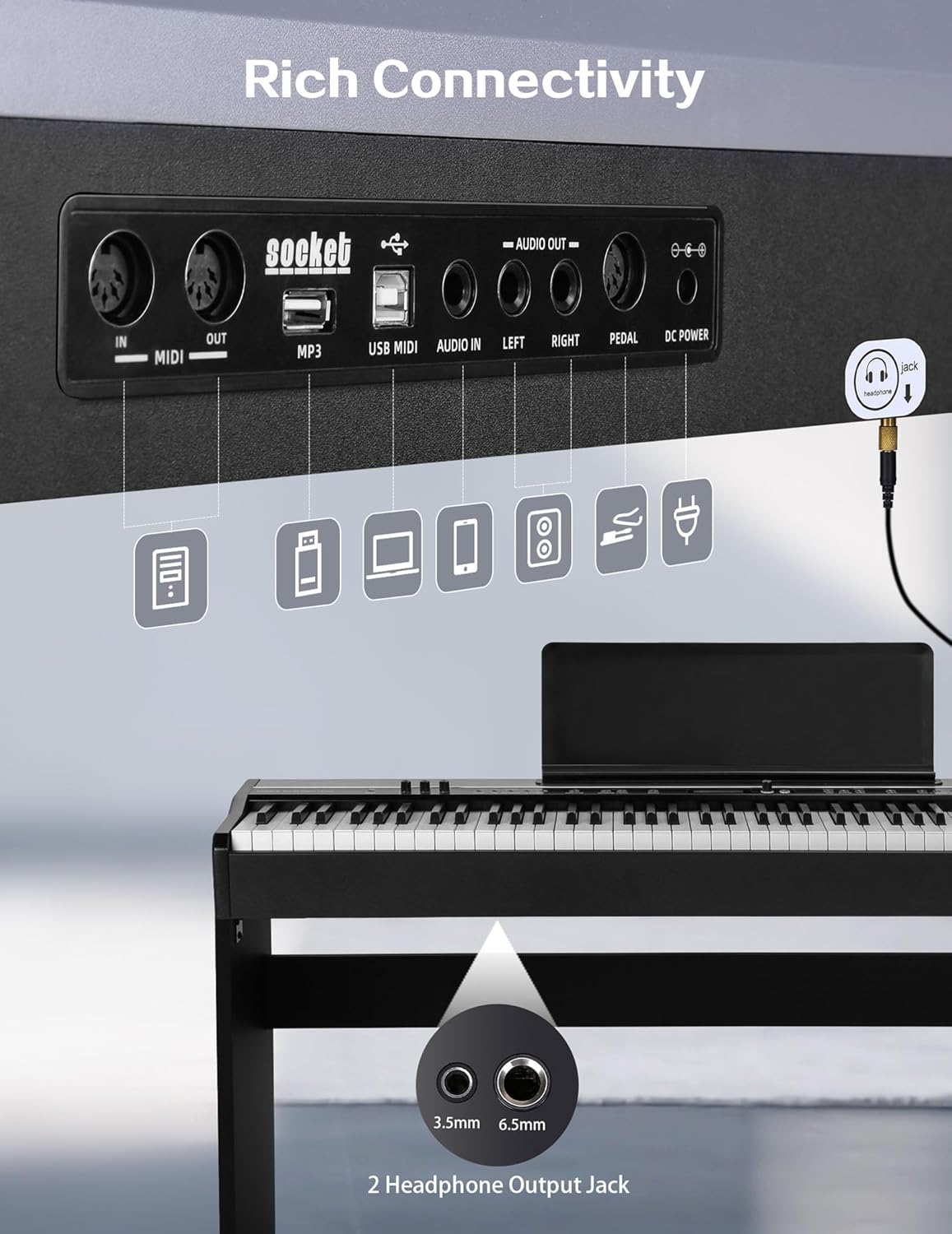 D5 Portable 88 Keys Digital Piano Dual Stereo Weighted Hammer Electronic Piano USB/MIDI Action Keyboard Digital Piano Beginners Musical Instrument(D5 wooden frame + Integrated Three Steps)