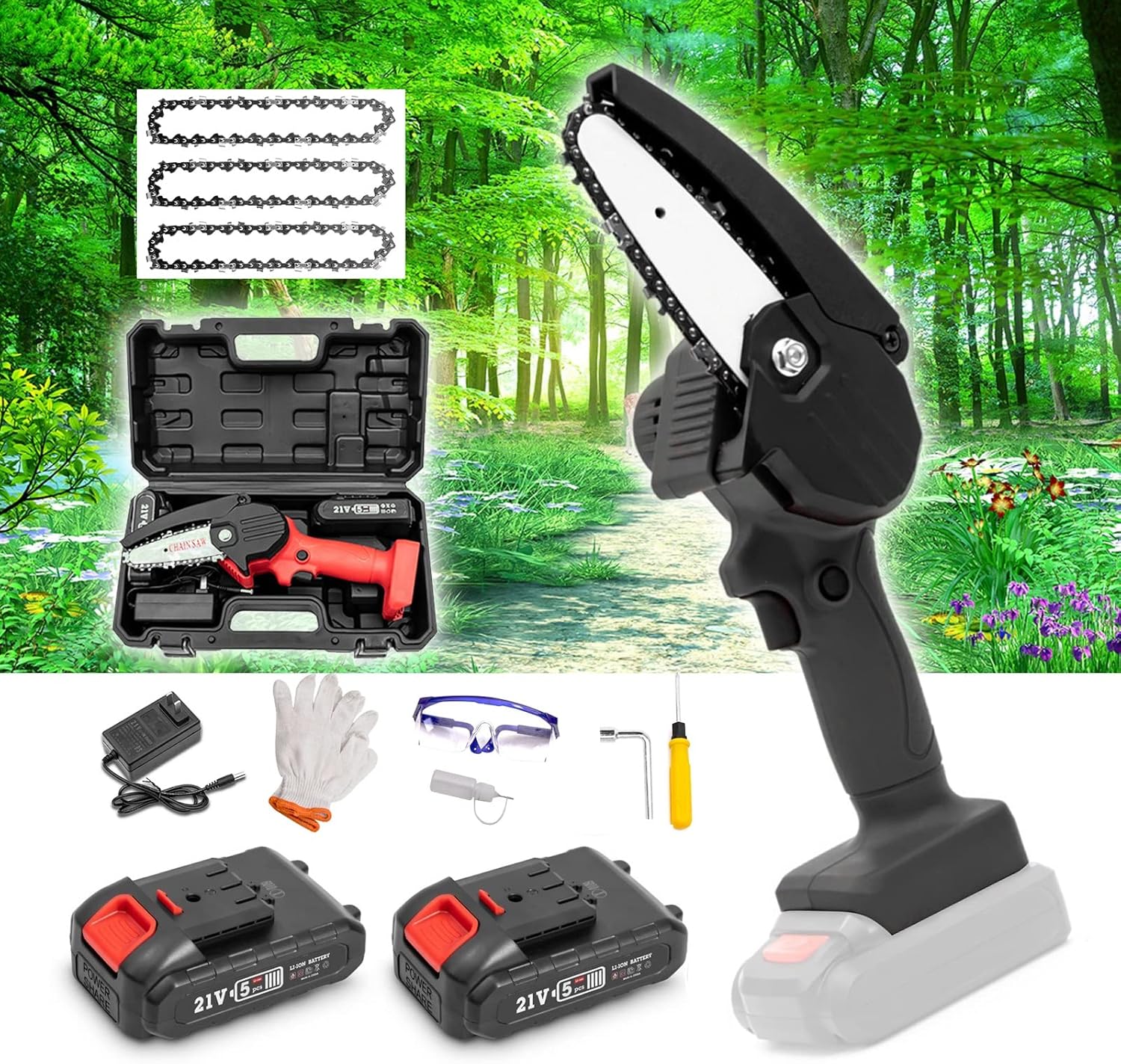 Mini Chainsaw 4 Inch Cordless,Super Lightweight and Powerful Handheld Mini Chain Saw with Security Lock,with 1500mAh 21V 2 Batteries Powered Kit and 4Pcs Chains,for Tree Trimming Branch Wood Cutting