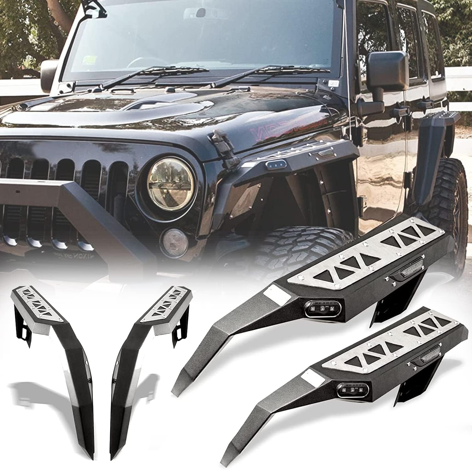 Fender Flares For Jeep 2007-2018 Wrangler JK JKU 2/4-Doors, Hawkley Offroad Steel Fender Flares with LED DRL Light & Sequential Turn Signal Lights for 07-18 Wrangler JK Replacement Accessories