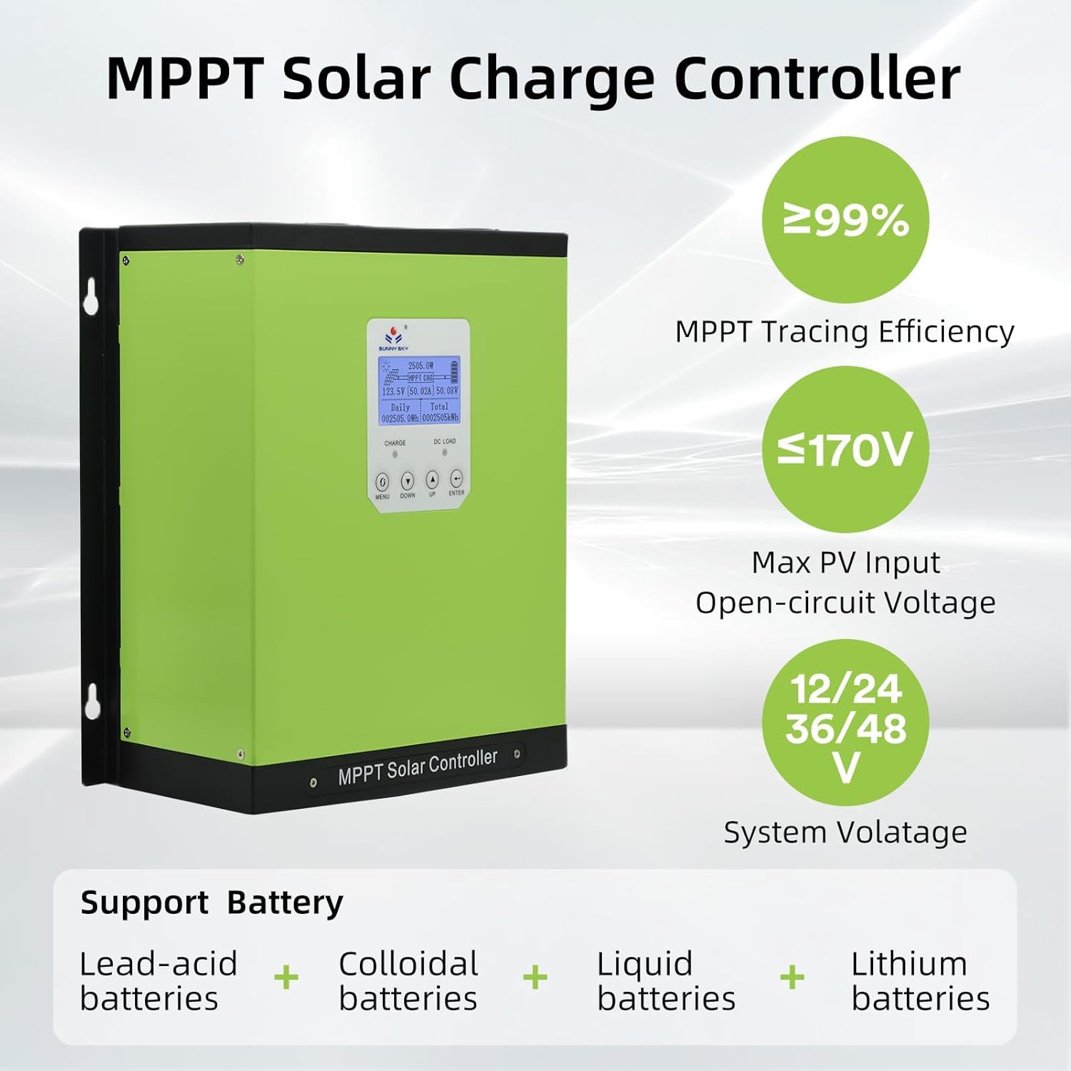 MPPT Solar Charge Controller 40A 60A 80A 120A 12V24V36V48V Auto, Solar Battery Panel Regulator , Max 170v PV Input, fit for Sealed, Gel, Flooded, and Lithium Batteries 570W-6800W (120A)