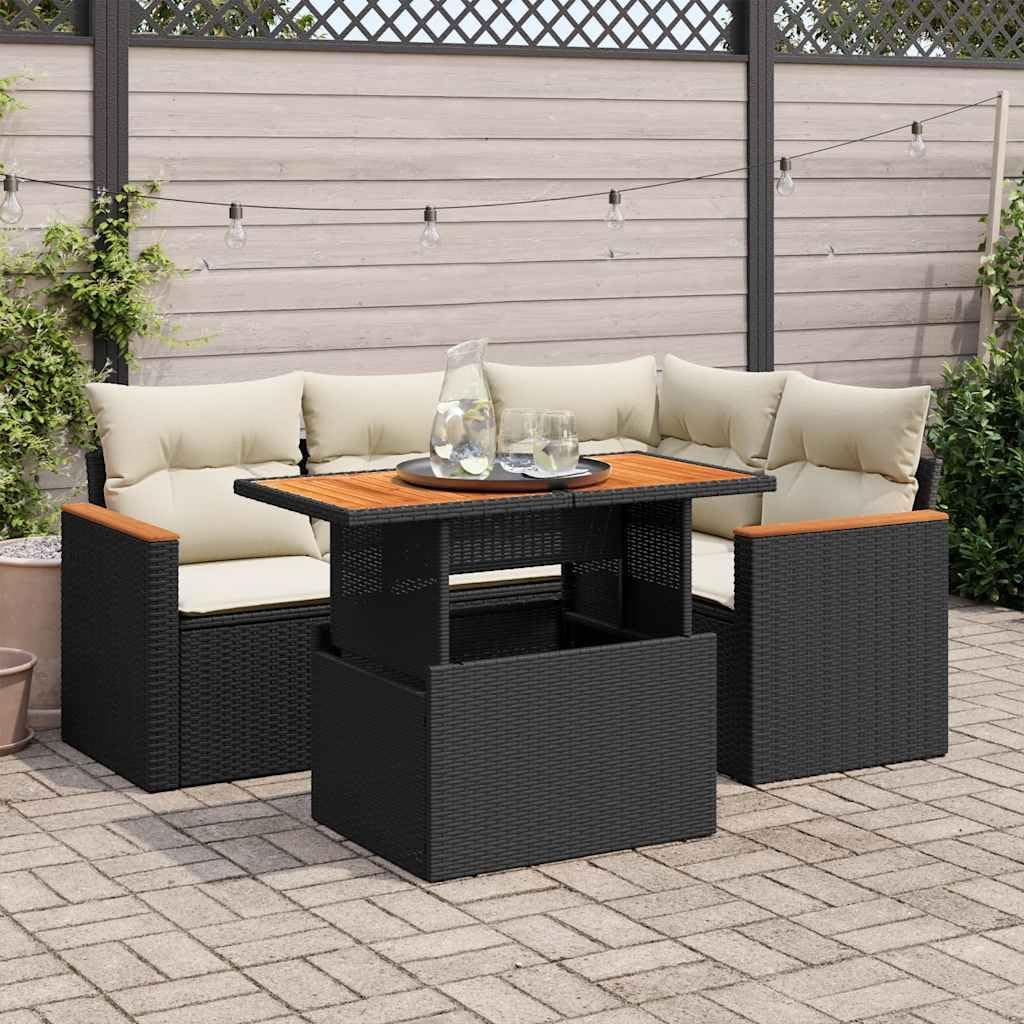 5 Piece Patio Sofa Set, Black Poly Rattan Acacia Wood Outdoor Furniture with Cushions, Modular Design for Garden, Terrace, Balcony