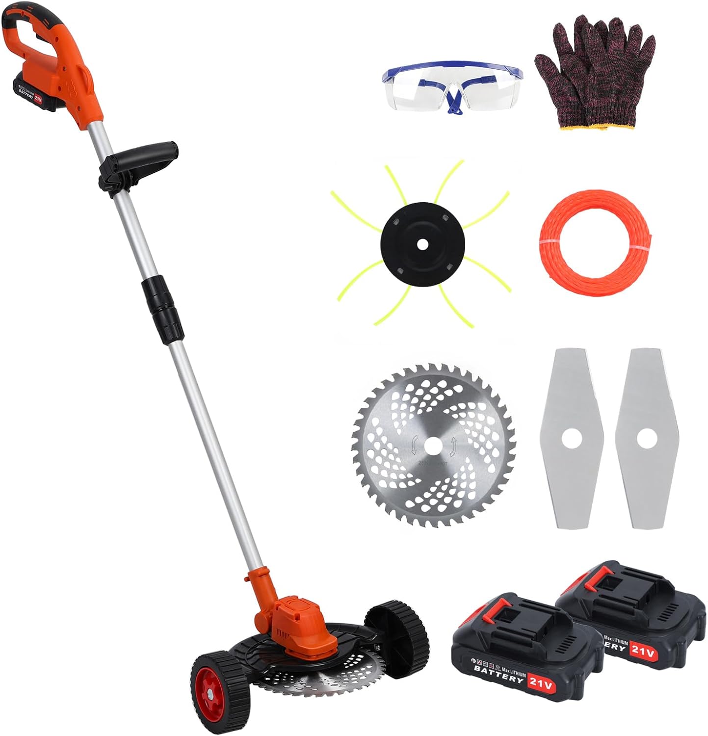 10 Inch Cordless Weed Wacker, 21V Electric Weed Eater with 2 1500mAh Battery Powered Trimmers, Telescopic Rod Home Lawn Edger Grass Mower, Handheld Lawn Mower with Brushless Motor (Orange)