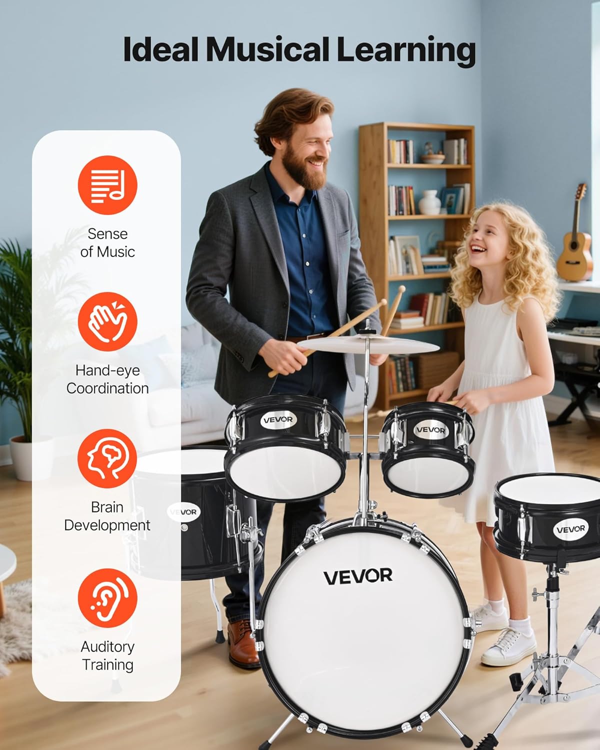 VEVOR Kids Drum Set, 5-Piece 14 in Junior Drum Sets, Beginner Drums Set with Adjustable Throne, Cymbal & Two Pairs of Drumsticks, Musical Learning Drums Instruments Kit, for Children Ages 6-13(Black)