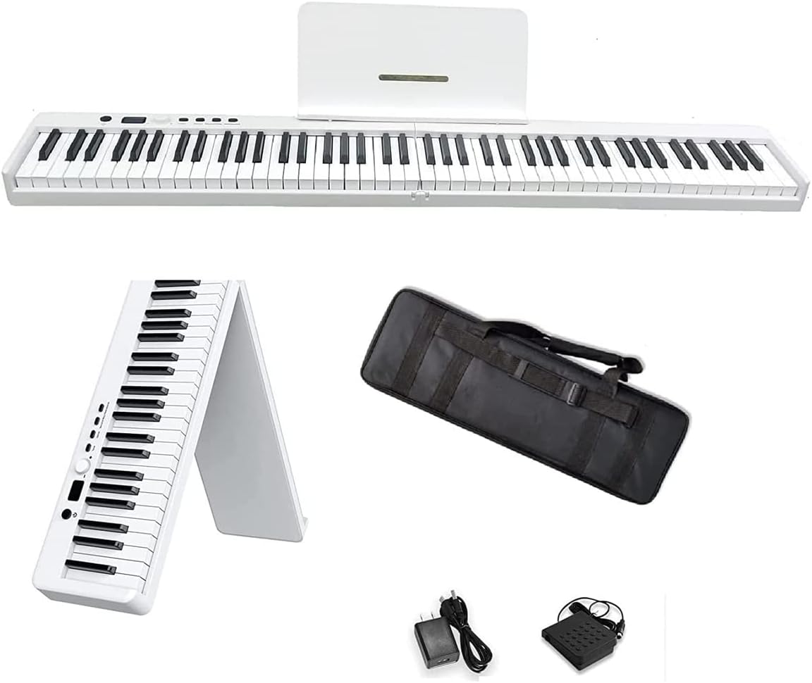 Beginner Foldable Digital Piano 88 Key Full Size Semi Weighted Keyboard, iMeshbean Portable Electric Piano with Pedal, Piano Bag (White)