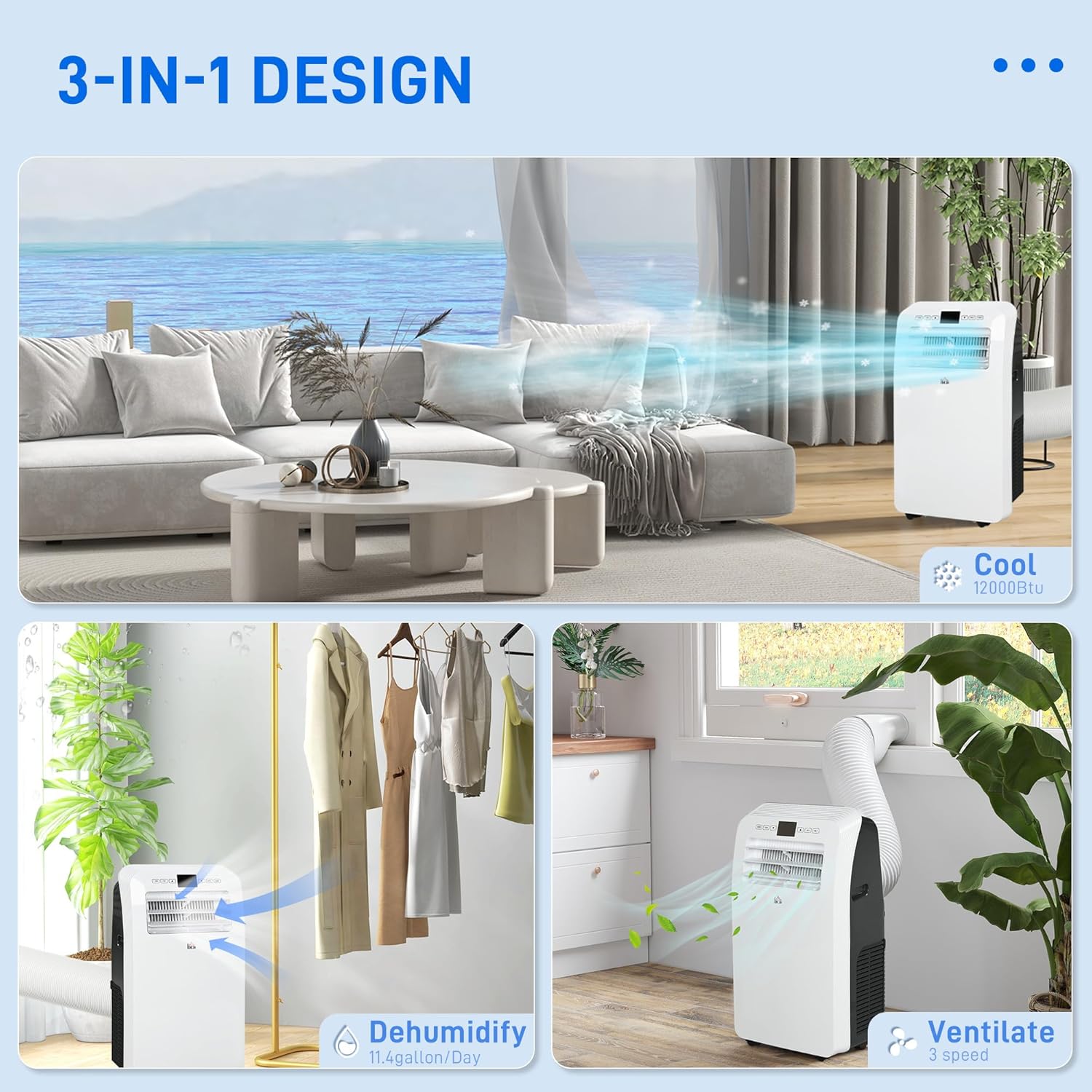 12,000 BTU Portable Air Conditioner | Cools, Dehumidifies, Fans | Up to 550 Sq Ft | 3-in-1 AC Unit w/Remote & 24H Timer | LED Display