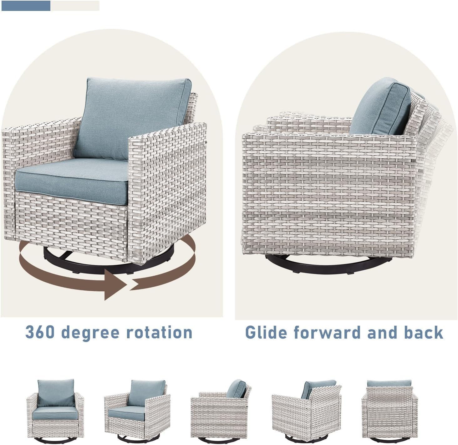 Wicker Outdoor Swivel Chairs Set of 4 with Fire Pit Table, 5 Pieces Patio Furniture Set with Fire Pit Table for Yard, Deck, Garden, Light Beige/Light Blue