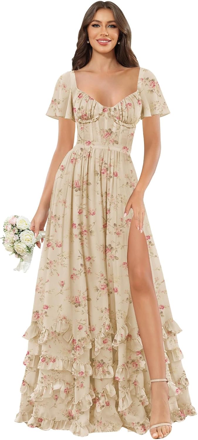 BOLENSYE Bridesmaid Dresses for Women with Sleeves A Line Tiered Chiffon Long Formal Wedding Guest Dress with Slit