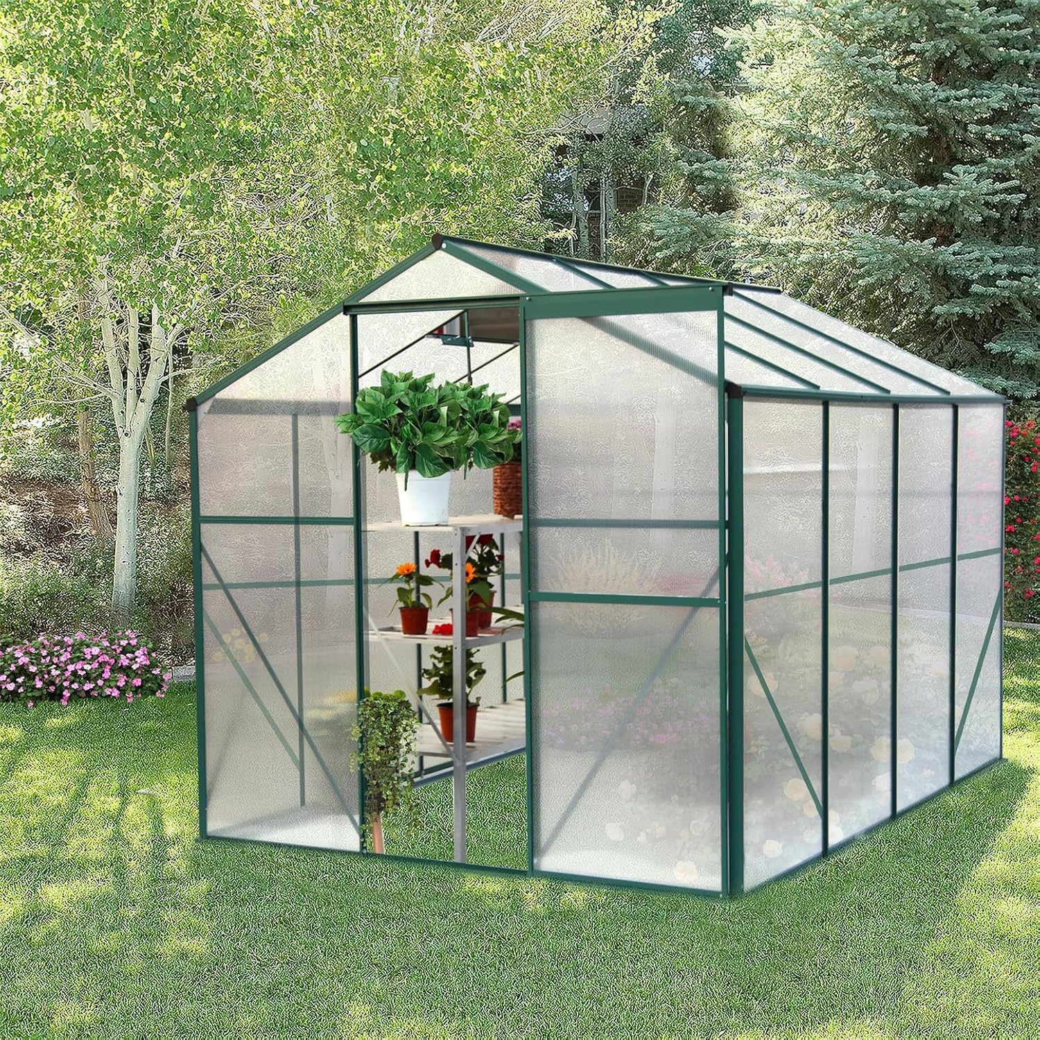 6x8 FT Polycarbonate Greenhouse, Large Walk in Plant Garden Greenhouses with Sliding Door and Adjustable Roof, Aluminum Sunroom Hot House for Outdoors and Garden Planting