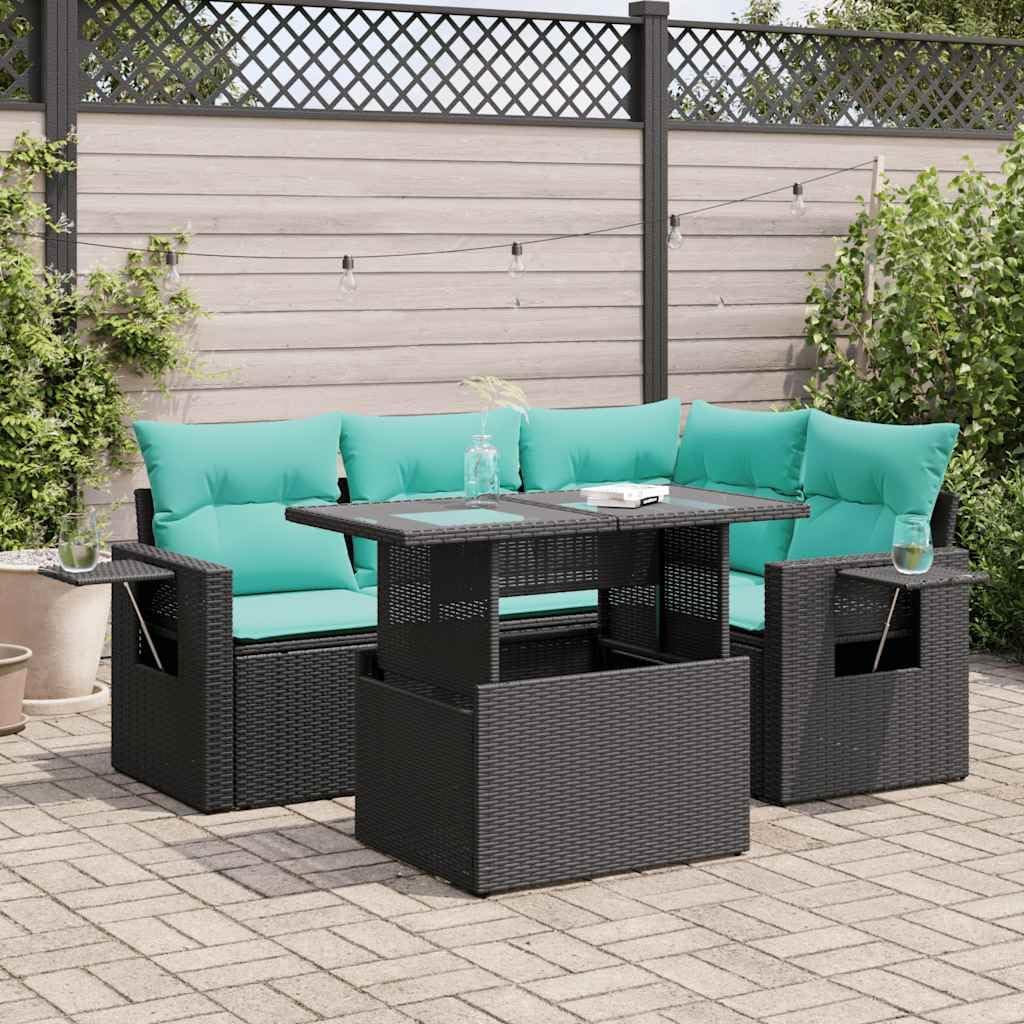 5 Piece Patio Sofa Set, Black Poly Rattan Acacia, Outdoor Sectional Furniture with Storage, UV-Proof Cushions, Modular Design for Garden, Terrace, Backyard