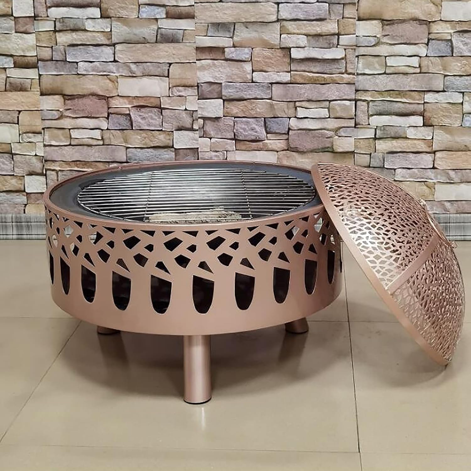 Patio Heaters Fire Pit with BBQ Grill Shelf Log Wood Charcoal Burner Brazier 58.8CM Diameter Fire Pit for Outdoor