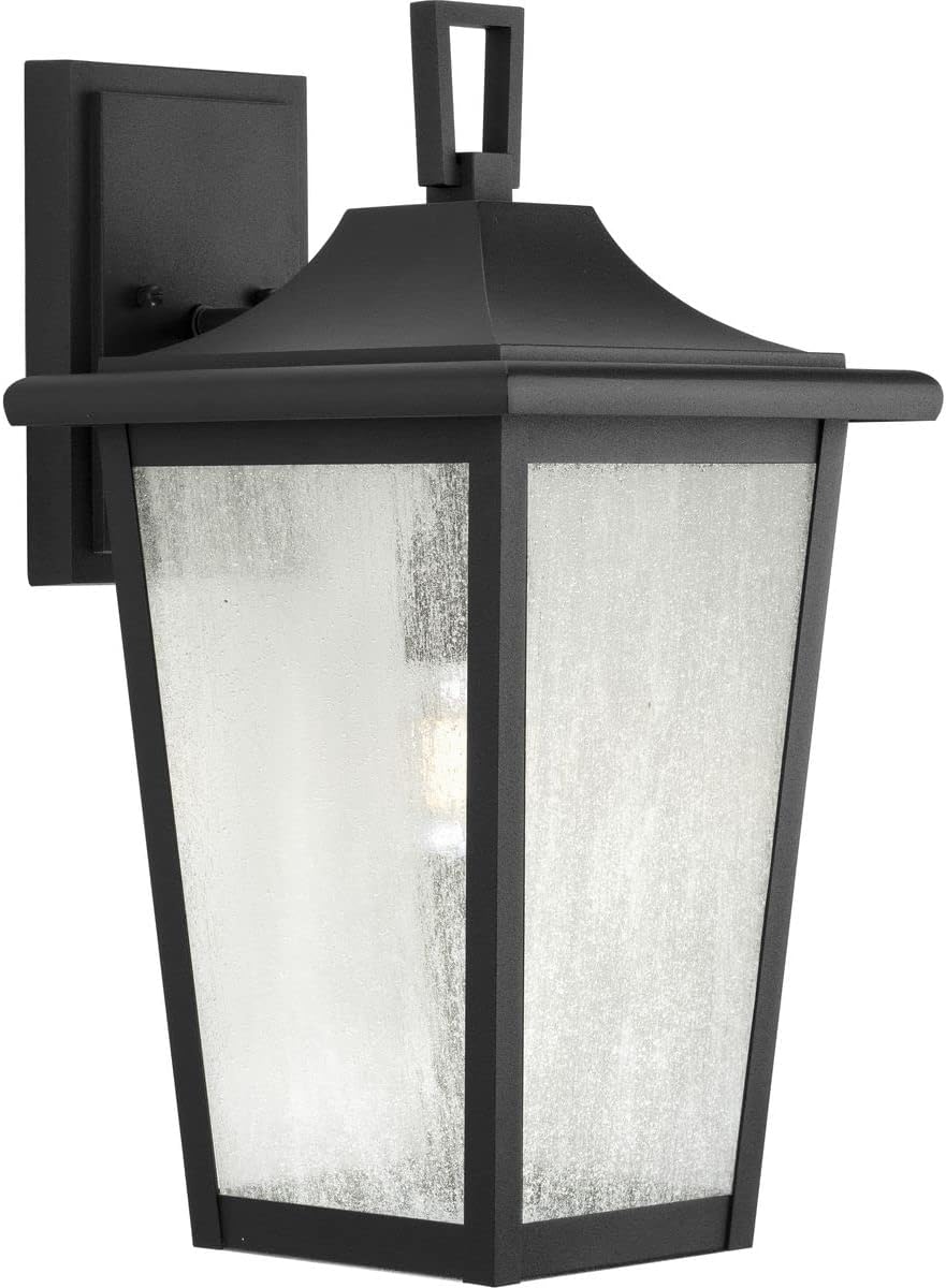 Padgett Collection 18 in. 1-Light Textured Black Transitional Outdoor Wall Lantern Clear Seeded Glass