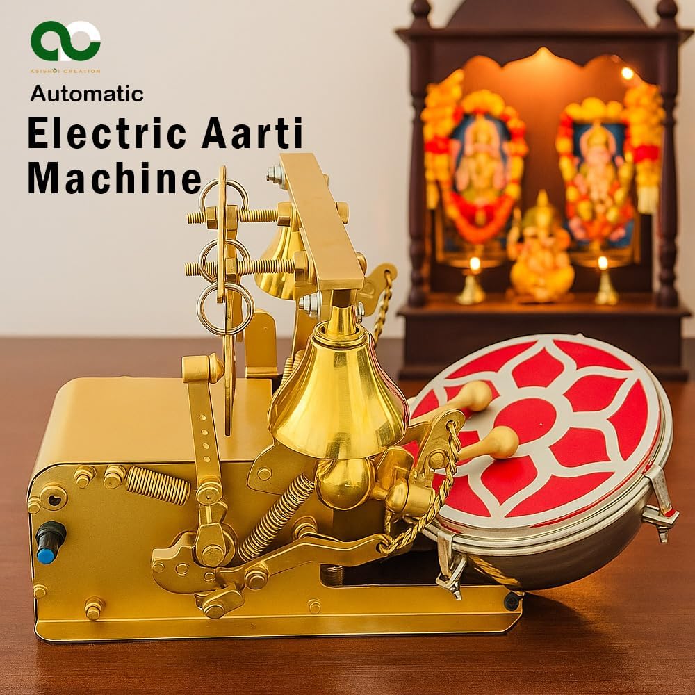 Small Arti Machine for House Temple Metal Automatic Aarti Machine for Home Atri Machine with Drum, Bells Adjustable Arti Tempo/Rhythm Ideal Gift for All Occasion Gold Color
