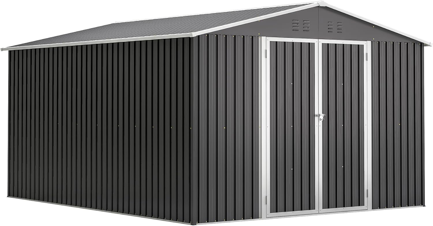 10x12 FT Heavy-Duty Outdoor Storage Shed, Water Resistive Metal Garden Tool Shed with Lockable Doors Reinforced Frame, Large Vertical Storage Cabinet for Backyard, Patio, Lawn
