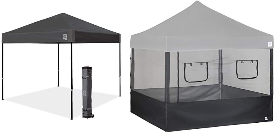 E-Z UP Ambassador (10' x 10') Instant Canopy Shelter Tent Bundle with Food Booth Sidewall Kit and Spike Set