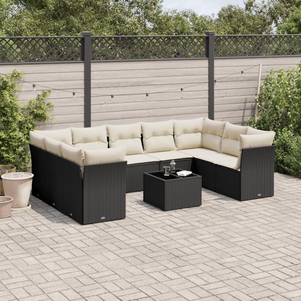 10-Piece Modular Garden Sofa Set in Black Poly Rattan with Cream Cushions for Patio Balcony Backyard Outdoor Seating Furniture with Storage Compartments