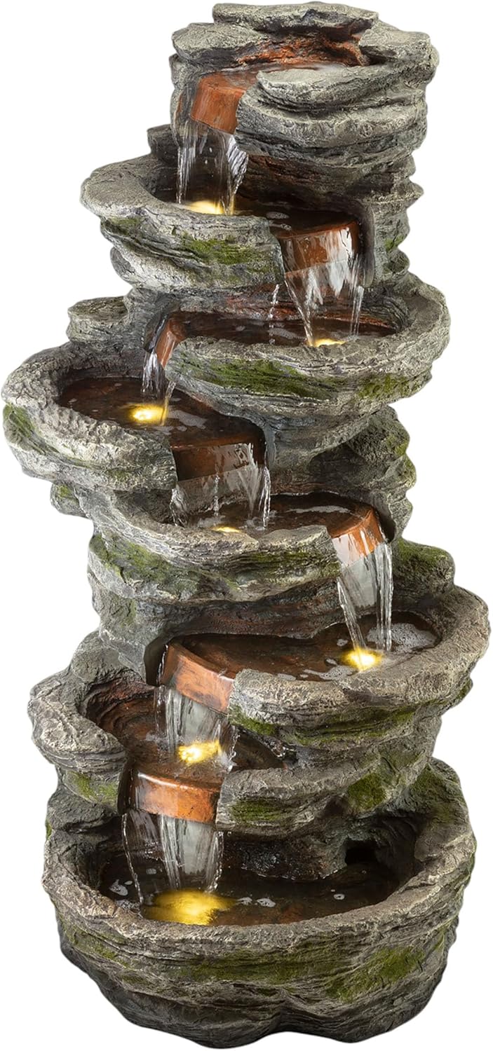 Alpine Corporation WIN1146 Outdoor Floor Cascading 8 Tiered Rock Garden Water Fountain with LED Lights, 58