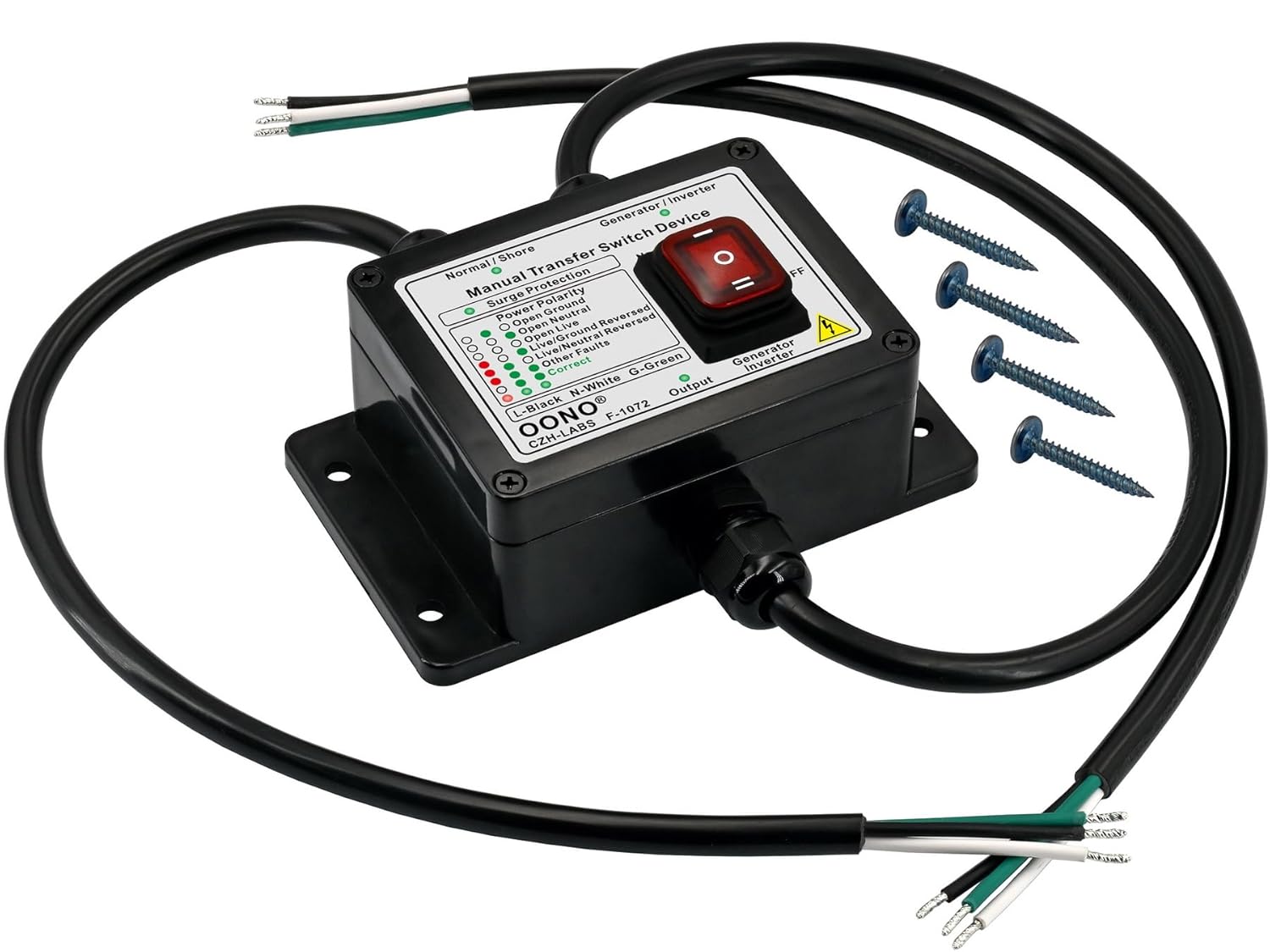 Manual Transfer Switch, AC120V 15Amp, with Surge Protection and Power Polarity Monitoring, for Generator, Inverter, Solar. OONO F-1072