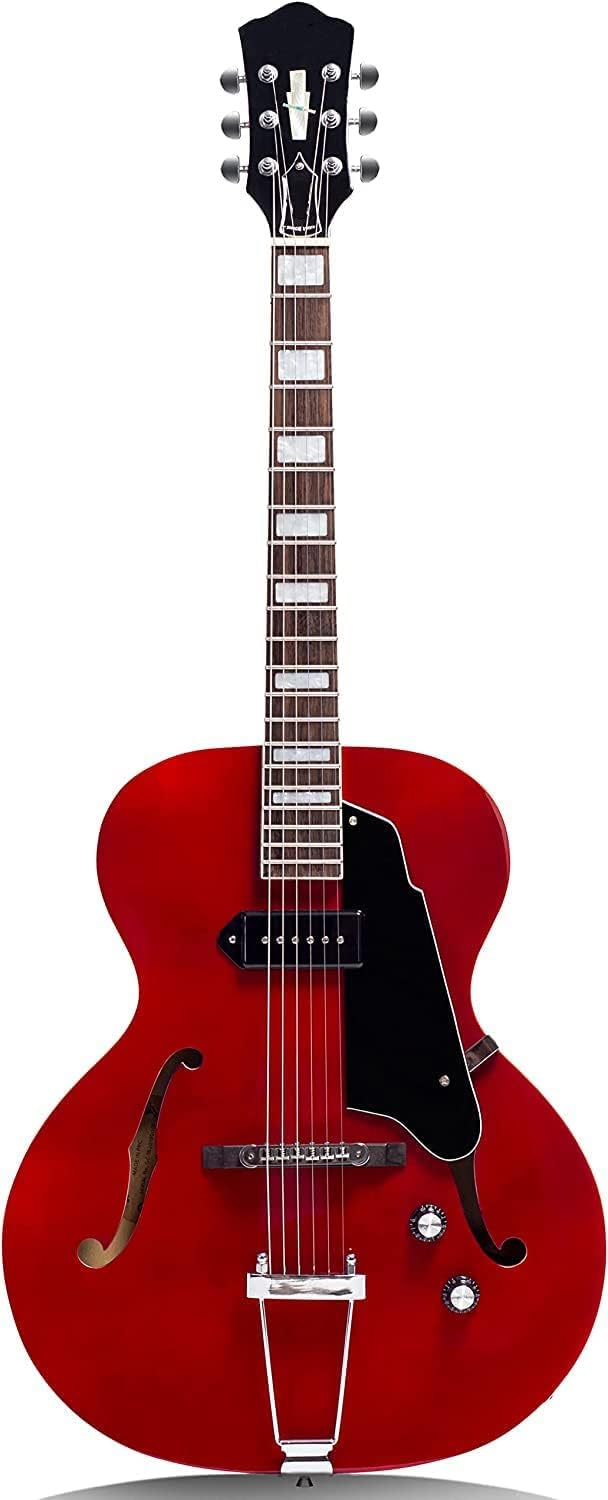 Jazz Archtop Electric Guitar Hollow Body with P90 Pickup,Trapeze Tailpiece Bridge Perfect for Rock, Blues, and Jazz Music (Red)