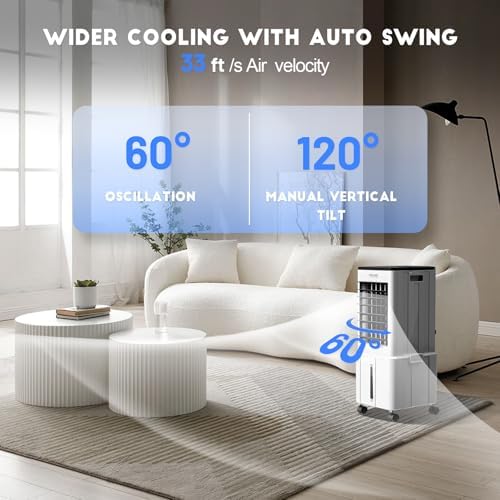 Portable Air Conditioner, 3-IN-1 Evaporative Air Cooler w/3.18Gal Tank, 4 Modes & 3 Speeds, 12H Timer, 6 Ice Packs, Remote Control, Windowless Swamp Cooler for Bedroom,Home,No Hose Needed