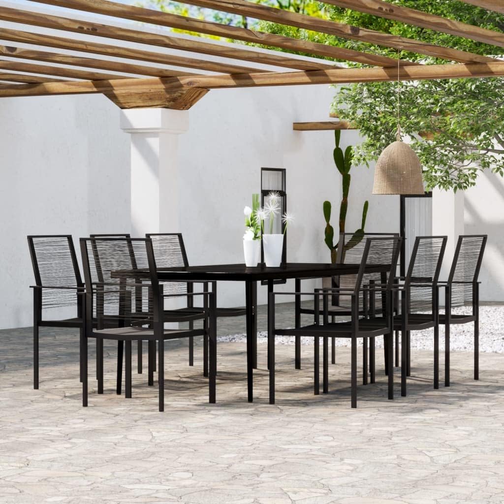 9-Piece Dining Set, Black Powder-Coated Steel, 78.7-inch Rectangular Outdoor Table and Chairs, Durable Weather-Resistant Patio Furniture for Garden Terrace