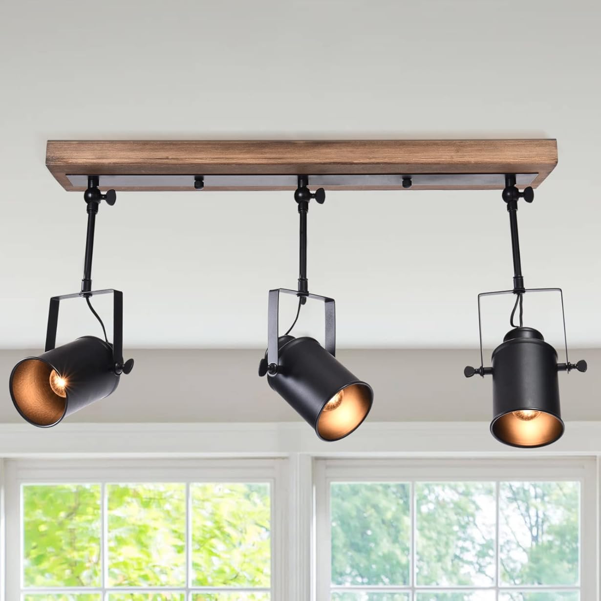 Lingkai Track Lighting Fixture, Farmhouse 3-Light Black Wood Kitchen Spotlight Industrial Adjustable Heads Ceiling Light for Kitchen Living Room Dining Room