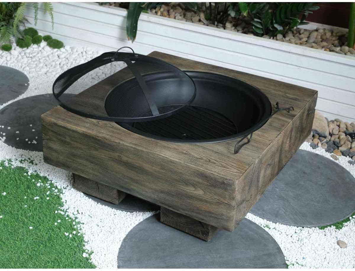 Classic Wood-Grain Outdoor Fire Pit, Antique Dark Grey Composite Wood-Burning Firepit for Garden, Patio & Backyard, Durable & Safe with Mesh Screen