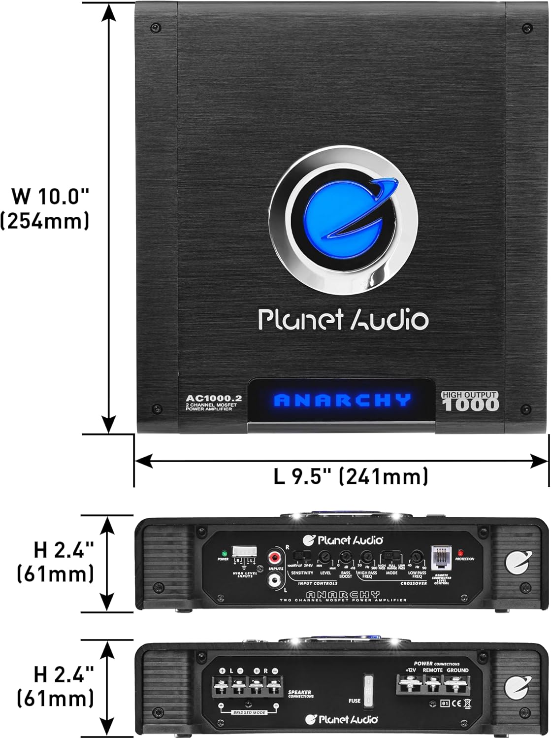 Planet Audio AC1000.2 2 Channel Car Amplifier - 1000 Watts, Full Range, Class A/B, 2-4 Ohm Stable, Mosfet Power Supply, Bridgeable