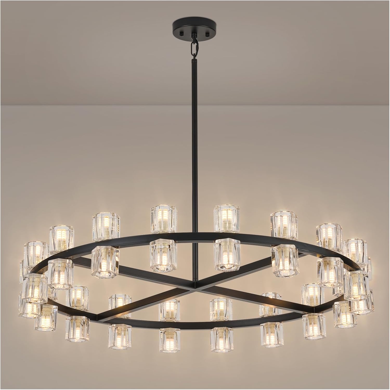 36 Inch Black Crystal Wagon Wheel Chandelier, Modern Farmhouse Round 36-Lights Pendant Lighting Fixture, for High Ceilings Living Room, Bedroom, Foyer