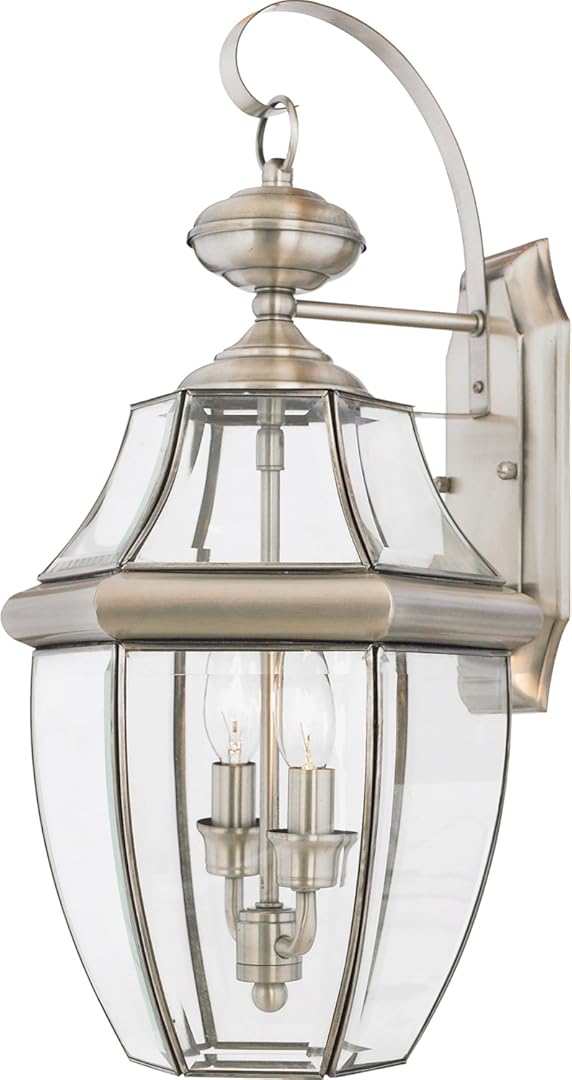 Quoizel Newbury Outdoor Wall Lantern, 20 Inch 2-Light Pewter Wall Sconce, French Country Exterior Wall Lantern Fixture, E12 Base, Clear Glass, Outside Lights for Patio, Porch, Garage or Yard