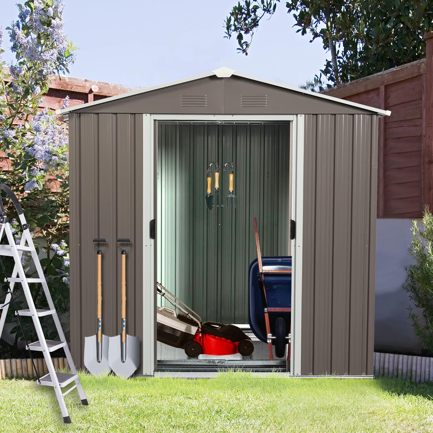 JT 6.23x4.3FT Outdoor Storage Shed with Metal Foundation and Sliding Doors, Sun Protection, Waterproof Tool Storage Shed for Patio Lawn Backyard (Gray-6.23ftx4.3ft)